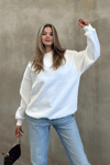 Basic Bisiklet Yaka Oversize Sweatshirt - Beyaz