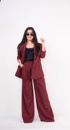 Bordo Blazer Çift Pileli Pallazo Pantolon Takım