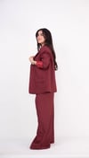 Bordo Blazer Çift Pileli Pallazo Pantolon Takım