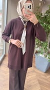 Gold Detaylı Fularlı Merserize Tunik | Kahverengi