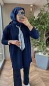 Gold Detaylı Fularlı Merserize Tunik | Lacivert