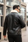 Biker Deri İçi Beyaz Kürklü Siyah Mont