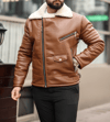 Biker Deri İçi Beyaz Kürklü Taba Mont