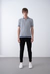 Gri Triko Polo Yakalı T-Shirt - Premium Ribana Detaylı 
