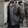 Oversize Vintage Haki Deri Ceket