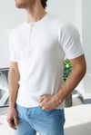 Premium  Henley Yaka Beyaz T-Shirt - Rib Dokulu Modern Fit