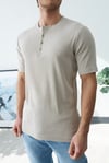 Premium  Henley Yaka Krem T-Shirt - Rib Dokulu Modern Fit