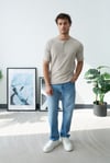 Premium  Henley Yaka Krem T-Shirt - Rib Dokulu Modern Fit