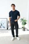 Premium  Henley Yaka Lacivert T-Shirt - Rib Dokulu Modern Fit
