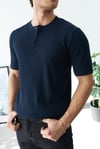 Premium  Henley Yaka Lacivert T-Shirt - Rib Dokulu Modern Fit