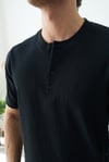 Premium  Henley Yaka Siyah T-Shirt - Rib Dokulu Modern Fit