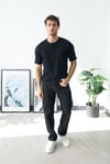 Premium  Henley Yaka Siyah T-Shirt - Rib Dokulu Modern Fit