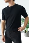 Premium  Henley Yaka Siyah T-Shirt - Rib Dokulu Modern Fit