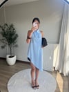 Asimetrik Kesim Saten Bluz Mavi