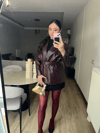 Bordo Kemerli Suni Deri Blazer Ceket