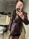 Bordo Kemerli Suni Deri Blazer Ceket