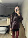 Bordo Kemerli Suni Deri Blazer Ceket