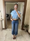 Dik Yaka Düğme Detaylı Crop Bluz Mavi