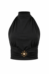 Halter Yaka Gold Aksesuar Detaylı Bluz Siyah
