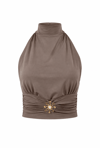 Halter Yaka Gold Aksesuar Detaylı Bluz Vizon