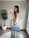 Mavi Desenli Saten Midi Etek