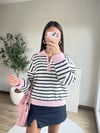 Pembe Yaka Detaylı Çizgili Bluz
