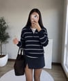 Polo Yaka Çizgili Bluz Lacivert