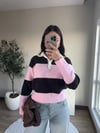 Polo Yaka Çizgili Kazak Pembe