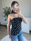 Puantiye Desen Asimetrik Kesim Kuşaklı Straplez Bluz Siyah