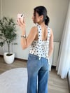 Puantiye Desen Asimetrik Kesim Kuşaklı Straplez Bluz Beyaz