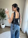 Puantiye Desen Asimetrik Kesim Kuşaklı Straplez Bluz Siyah