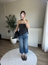 Puantiye Desen Asimetrik Kesim Kuşaklı Straplez Bluz Siyah