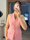 Sırt Dekolteli Yelek Pantolon Takım Pembe