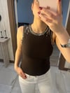Taş Detaylı Fit Bluz Kahverengi 