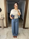 Tensel Kumaş Beli Lastikli Mavi Pantolon
