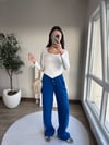 Yan Şerit Detaylı Lastik Bel Pantolon Saks Mavisi
