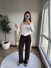 Yan Şerit Detaylı Lastik Bel Pantolon Kahverengi