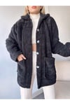 ÇİFT CEPLİ ÖNÜ DÜĞMELİ OVERSİZE PELUŞ CEKET ZYN-58557 - Siyah