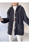 ÇİFT CEPLİ ÖNÜ DÜĞMELİ OVERSİZE PELUŞ CEKET ZYN-58557 - Siyah