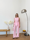Dökümlü Kısa Kollu Bluz ve Geniş Paça Pantolon Takımı - Pembe