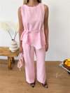 Dökümlü Kısa Kollu Bluz ve Geniş Paça Pantolon Takımı - Pembe