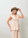 Dökümlü Peplum Bluz ve Pantolon Takımı - Bej