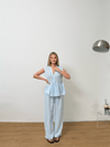 Dökümlü Peplum Bluz ve Pantolon Takımı - Açık Mavi