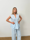 Dökümlü Peplum Bluz ve Pantolon Takımı - Açık Mavi
