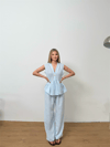 Dökümlü Peplum Bluz ve Pantolon Takımı - Açık Mavi