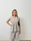 Dökümlü Peplum Bluz ve Pantolon Takımı - Gri