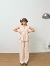 Dökümlü Peplum Bluz ve Pantolon Takımı - Bej