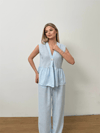 Dökümlü Peplum Bluz ve Pantolon Takımı - Açık Mavi