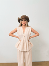 Dökümlü Peplum Bluz ve Pantolon Takımı - Bej