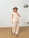 Dökümlü Peplum Bluz ve Pantolon Takımı - Bej